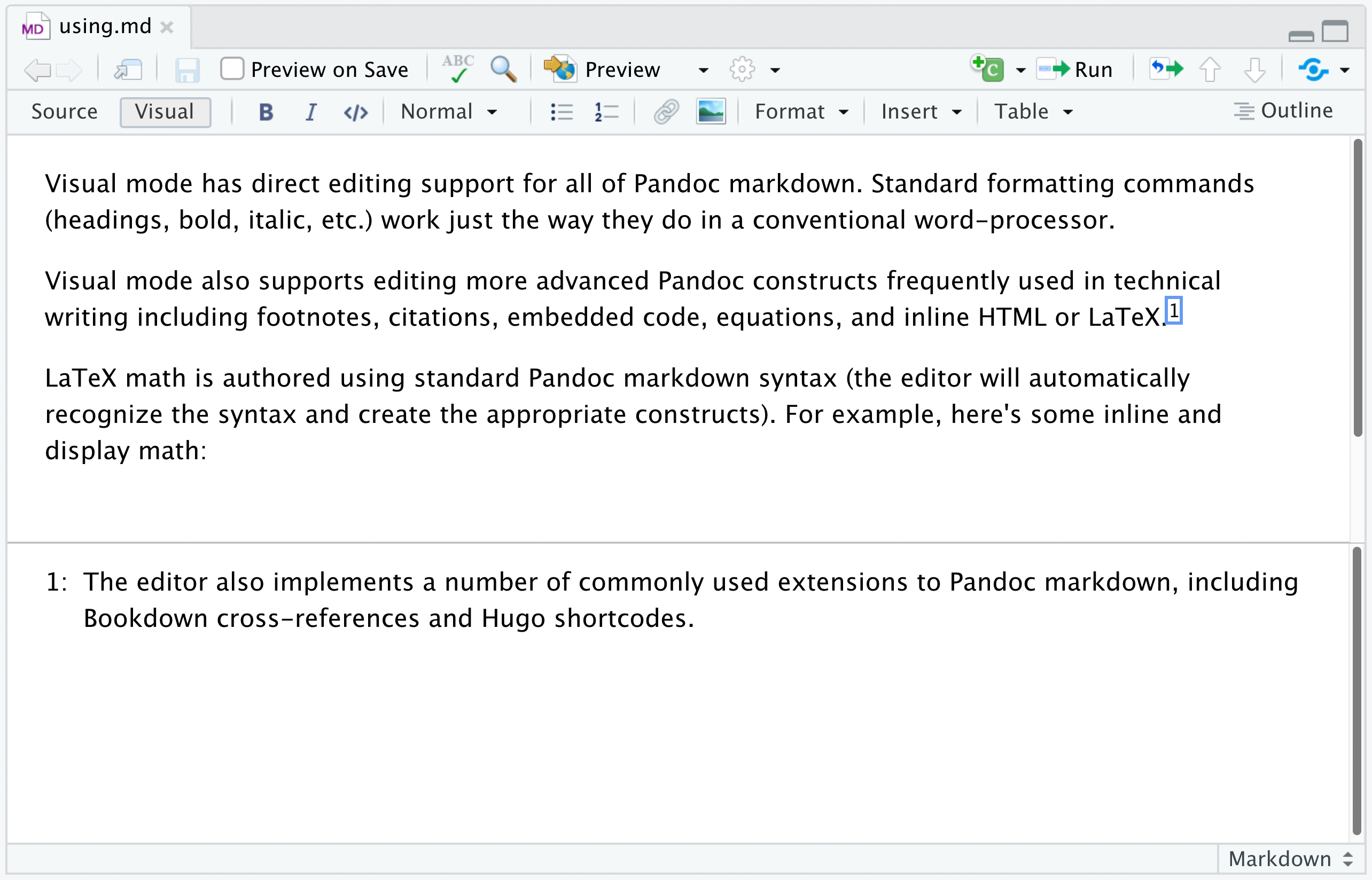 A Markdown document containing three paragraphs opened in the R Studio visual editor. The sentence at the end of the paragraph has a superscript '1' at the end, indicating a footnote. This '1' is surrounded by a blue box. There is a section divider underneath the three paragraphs, under which is another paragraph labeled '1'.